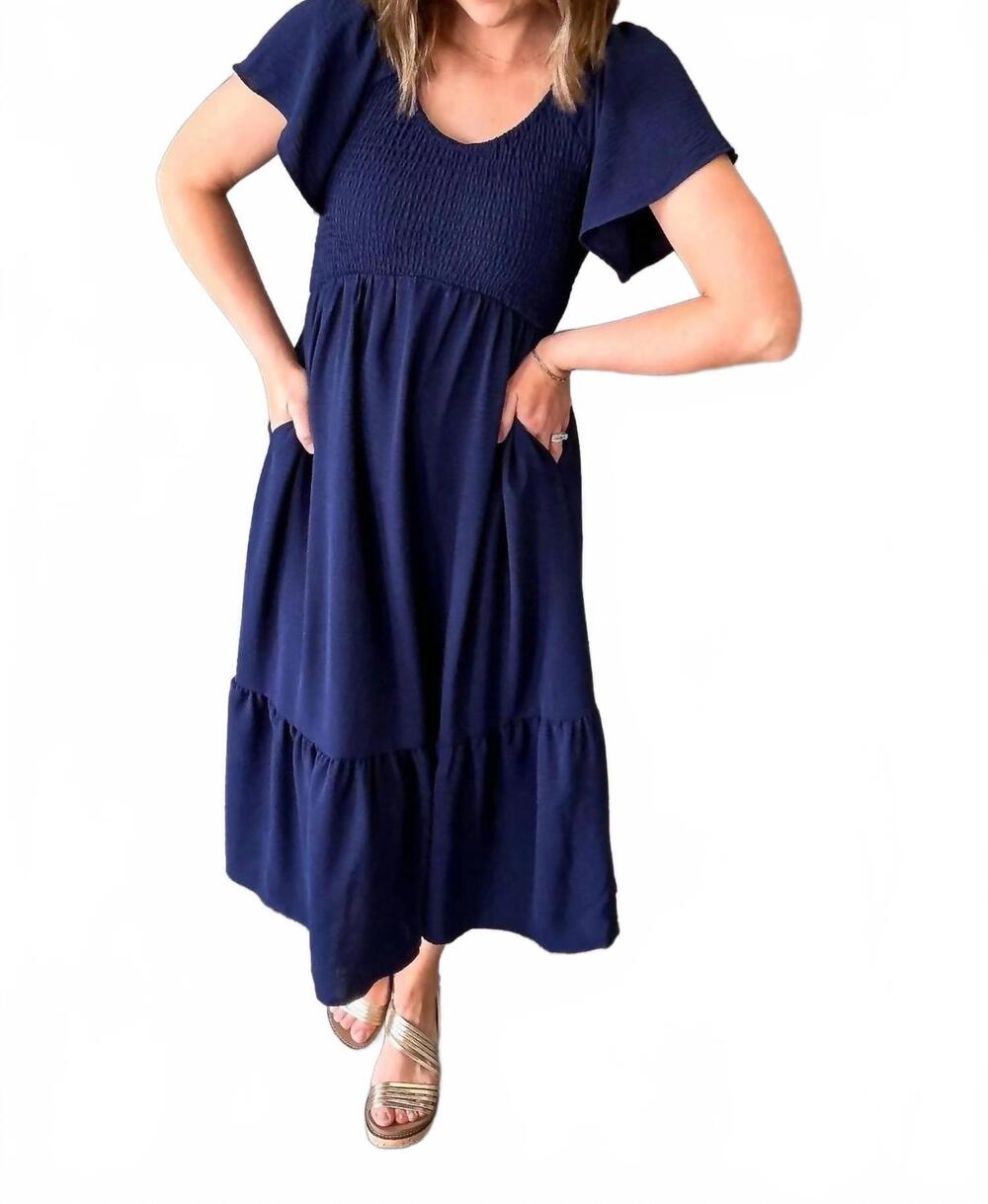 NEW MIKAROSE smocked midi dress in navy
